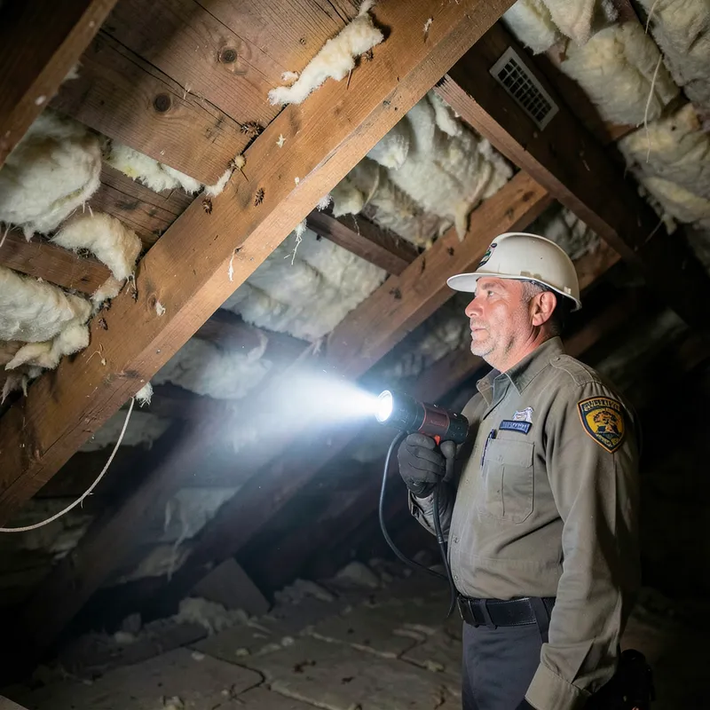 Pest control technician inspecting attic soffit vents for rodent entry points during quarterly service visit