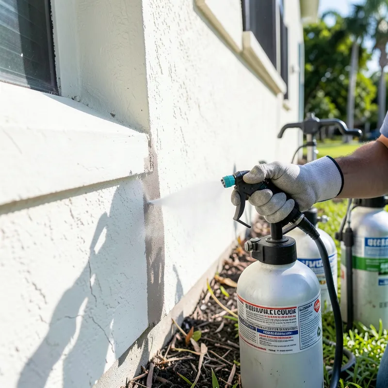 Quarterly perimeter barrier spray application along a home foundation in Fort Myers FL