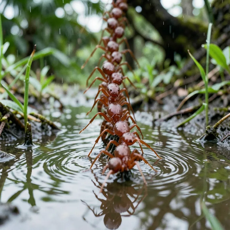 Fire ants forming survival bridges over floodwater after a Southwest Florida rainstorm