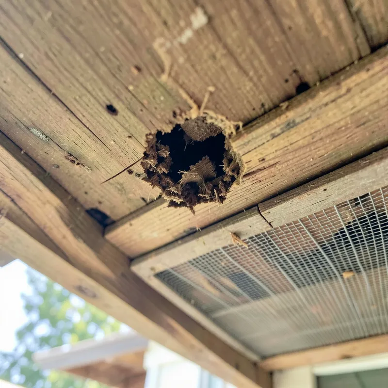 Gnawed entry hole in a roof soffit vent screen showing rodent access point in Naples FL