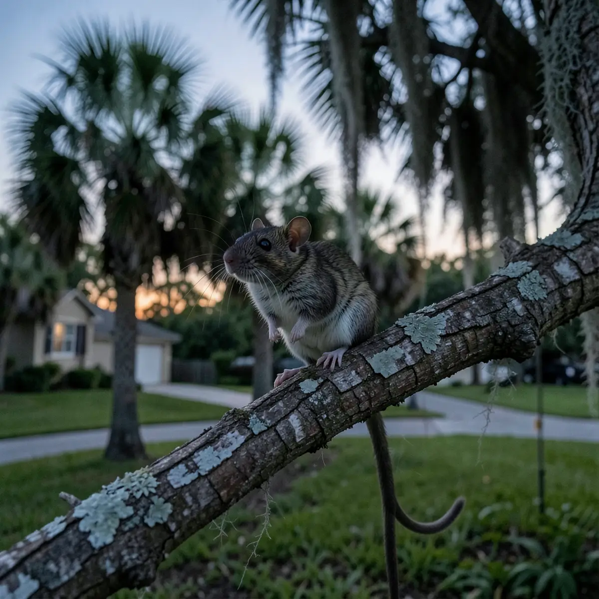 Roof rat perched on a tree branch at dusk in a Southwest Florida neighborhood