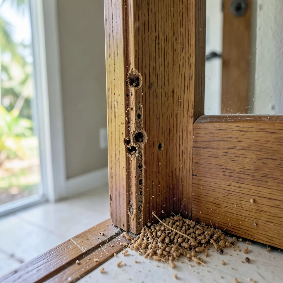 Termite damage to a wooden door frame in a Southwest Florida home showing kick-out holes and frass